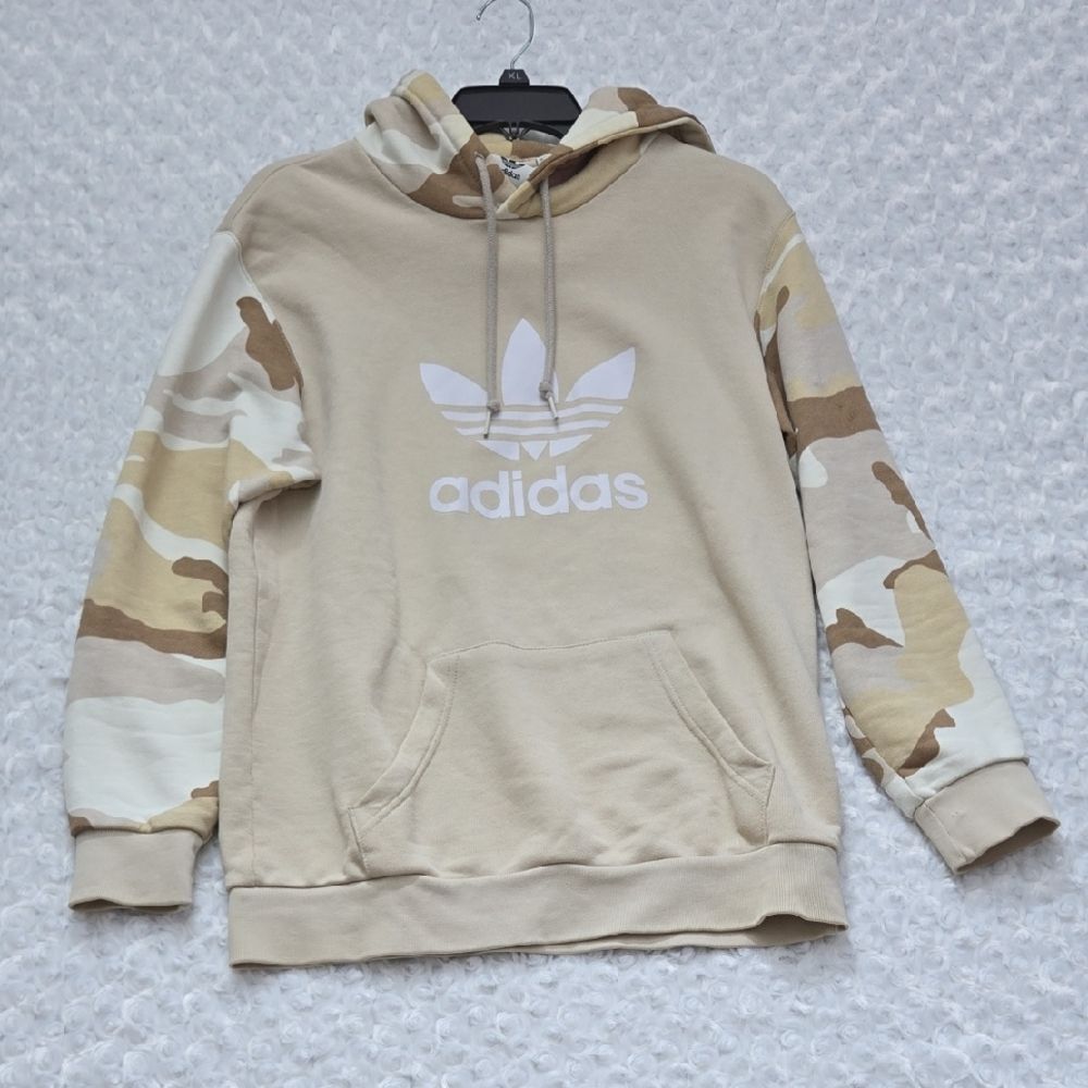 adidas Beige Hoodie with Camo Sleeves and White Trefoil